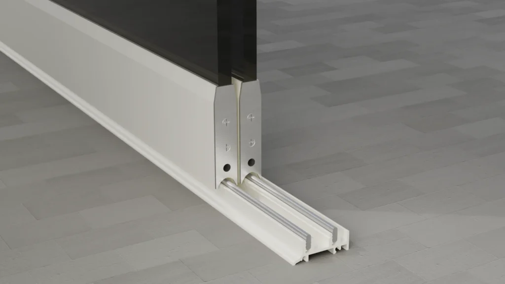 Onderrail van een 2-rail glazen schuifwand, getint glas, crèmewit