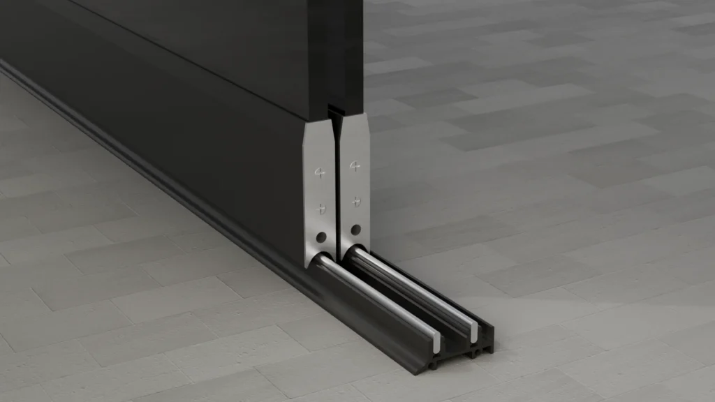 Onderrail van een 2-rail glazen schuifwand, getint glas, gitzwart