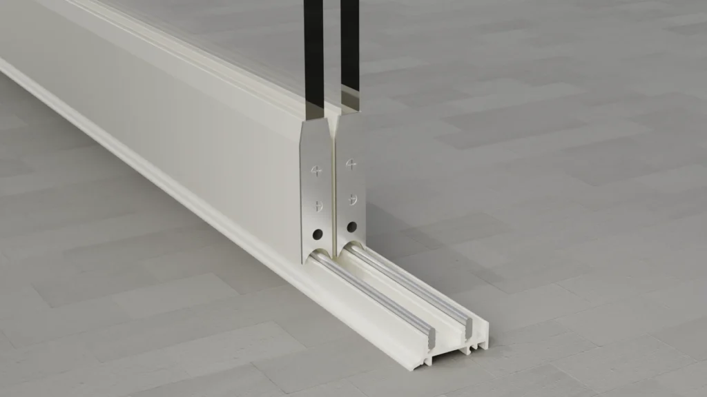 Onderrail van een 2-rail glazen schuifwand, helder glas, crèmewit