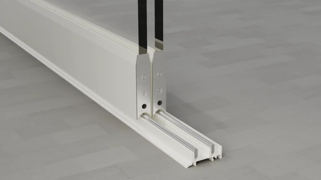 Onderrail van een 2-rail glazen schuifwand, helder glas, zuiver wit
