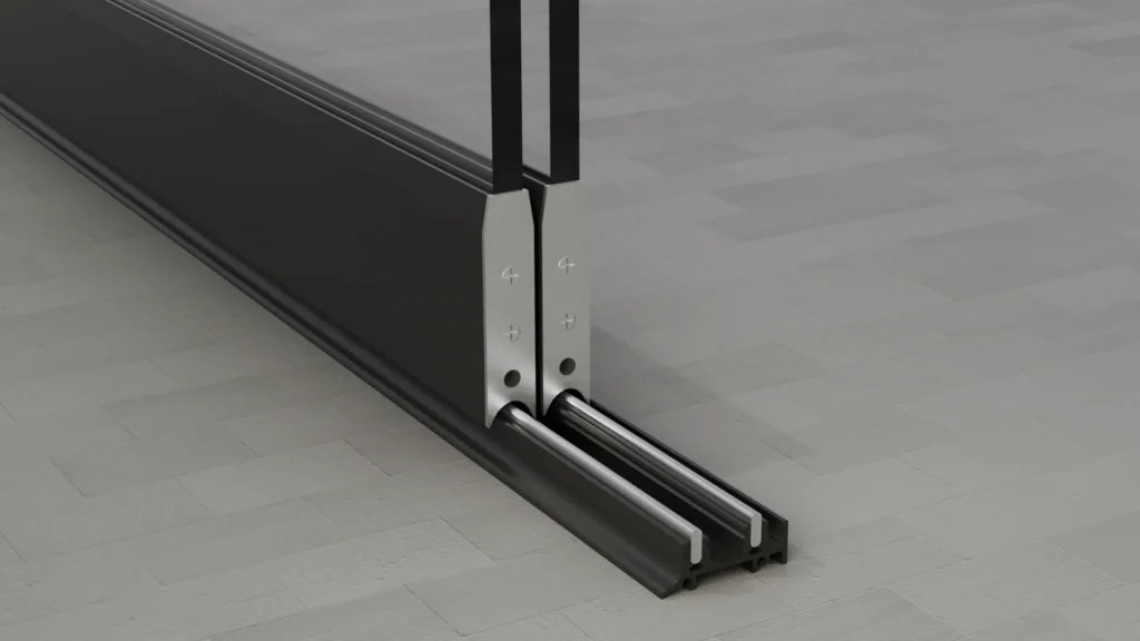 Onderrail van een 2-rail glazen schuifwand, helder glas, gitzwart