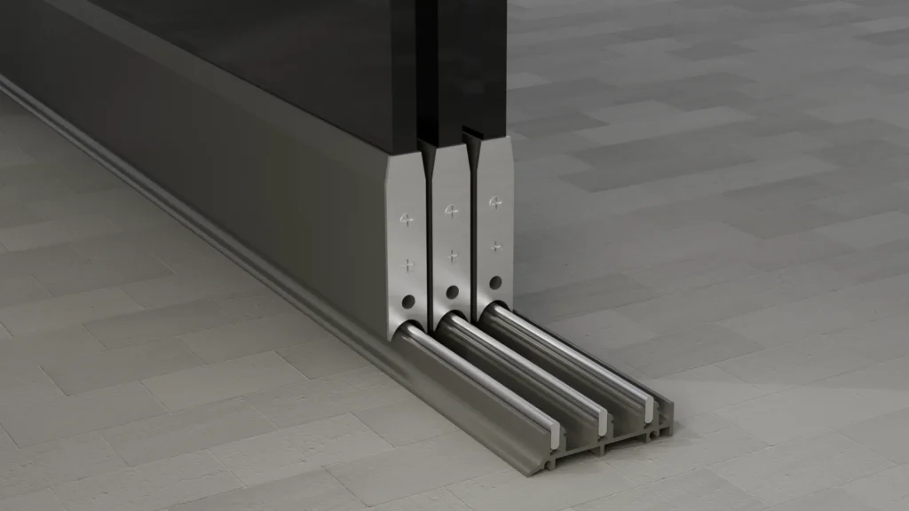 Onderrail van een 3-rail glazen schuifwand, getint glas, antracietgrijs