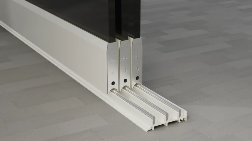 Onderrail van een 3-rail glazen schuifwand, getint glas, crèmewit