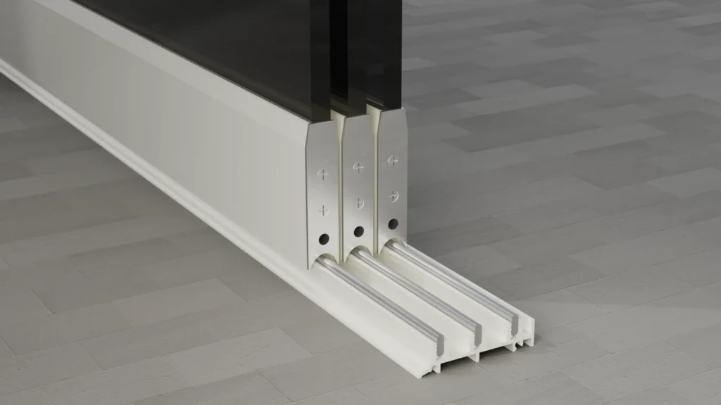 Onderrail van een 3-rail glazen schuifwand, getint glas, zuiver wit