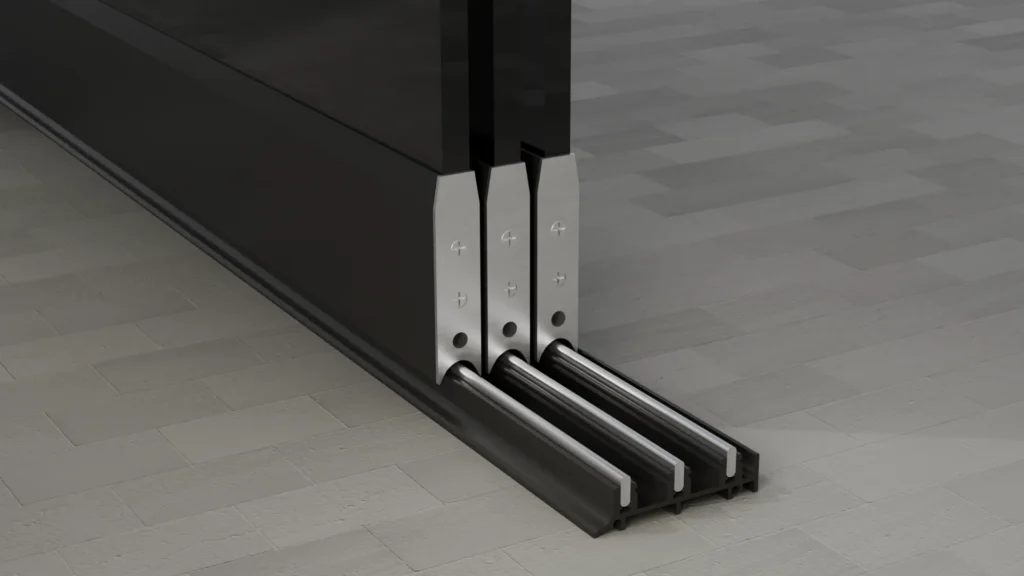 Onderrail van een 3-rail glazen schuifwand, getint glas, gitzwart