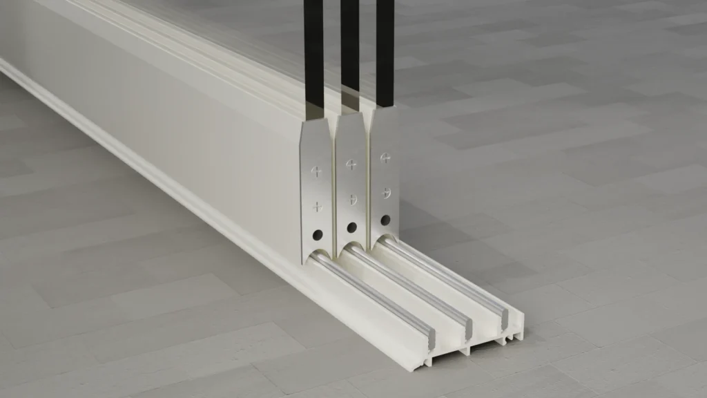 Onderrail van een 3-rail glazen schuifwand, helder glas, crèmewit