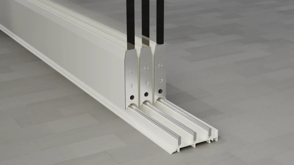 Onderrail van een 3-rail glazen schuifwand, helder glas, zuiver wit