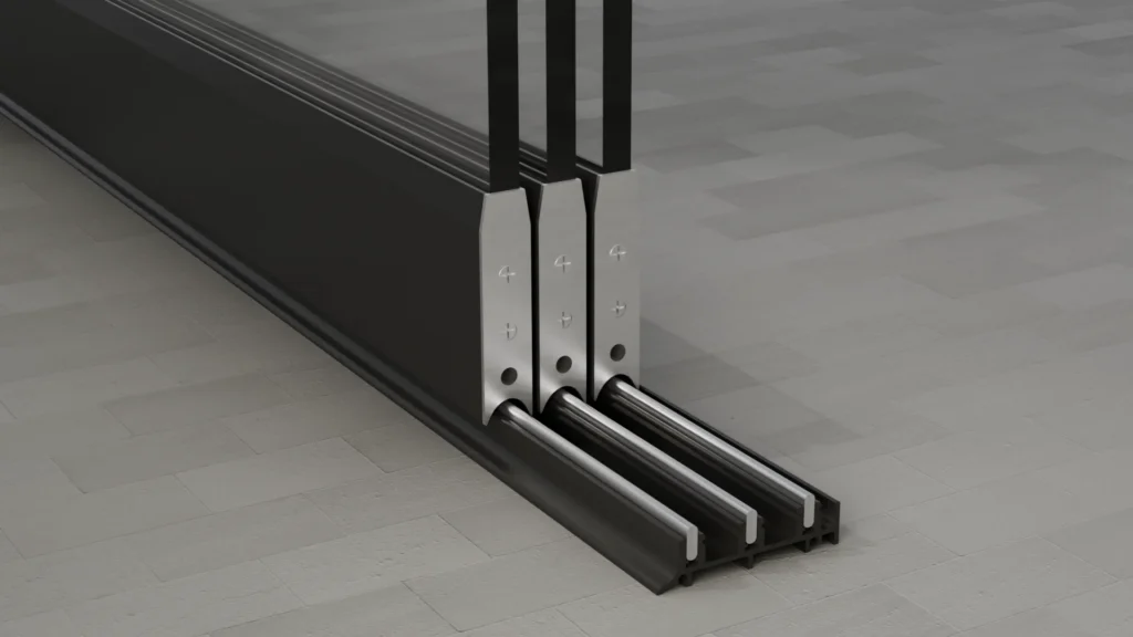 Onderrail van een 3-rail glazen schuifwand, helder glas, gitzwart
