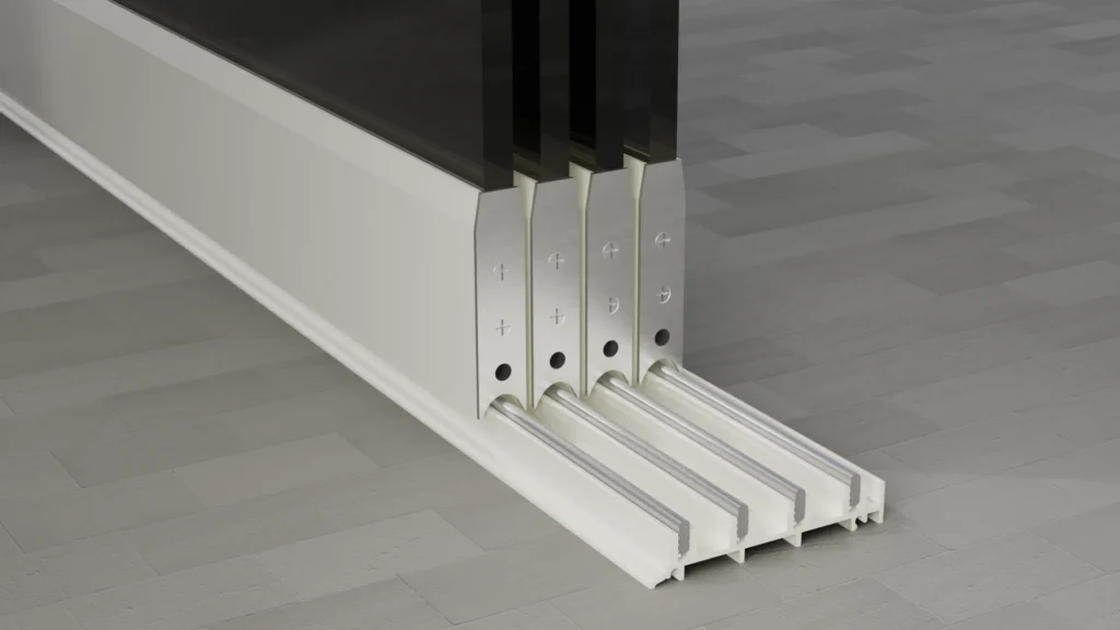 Onderrail van een 4-rail glazen schuifwand, getint glas, zuiver wit