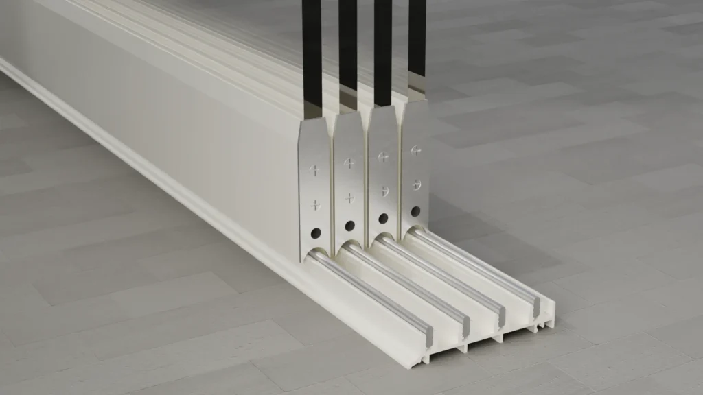 Onderrail van een 4-rail glazen schuifwand, helder glas, crèmewit