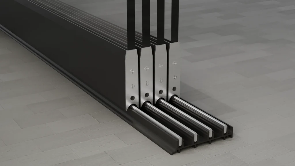 Onderrail van een 4-rail glazen schuifwand, helder glas, gitzwart
