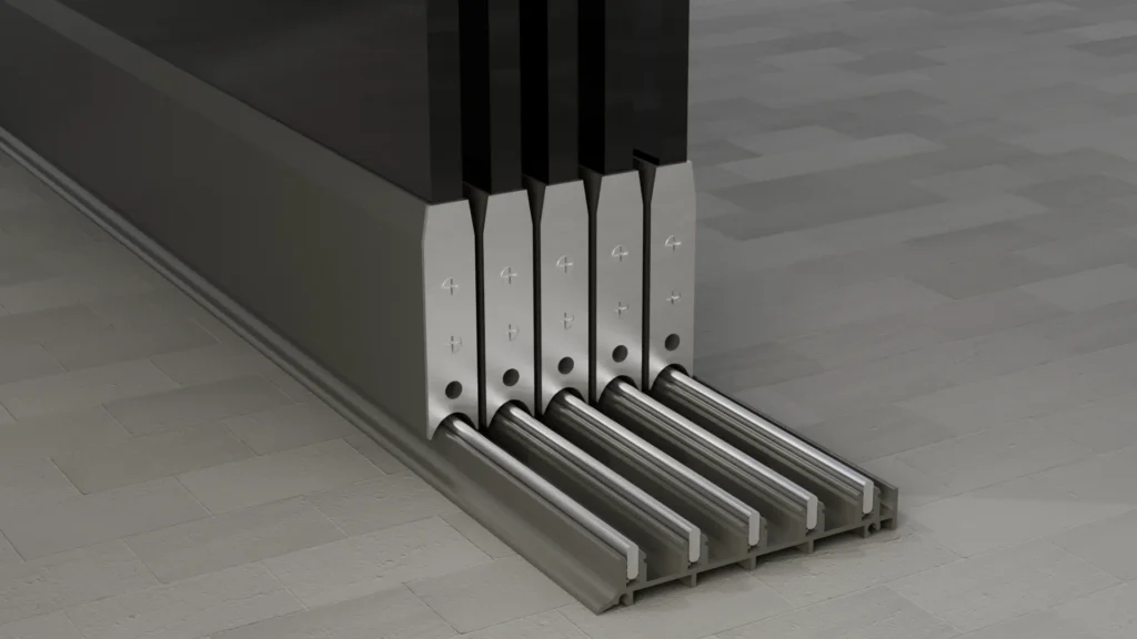 Onderrail van een 5-rail glazen schuifwand, getint glas, antracietgrijs