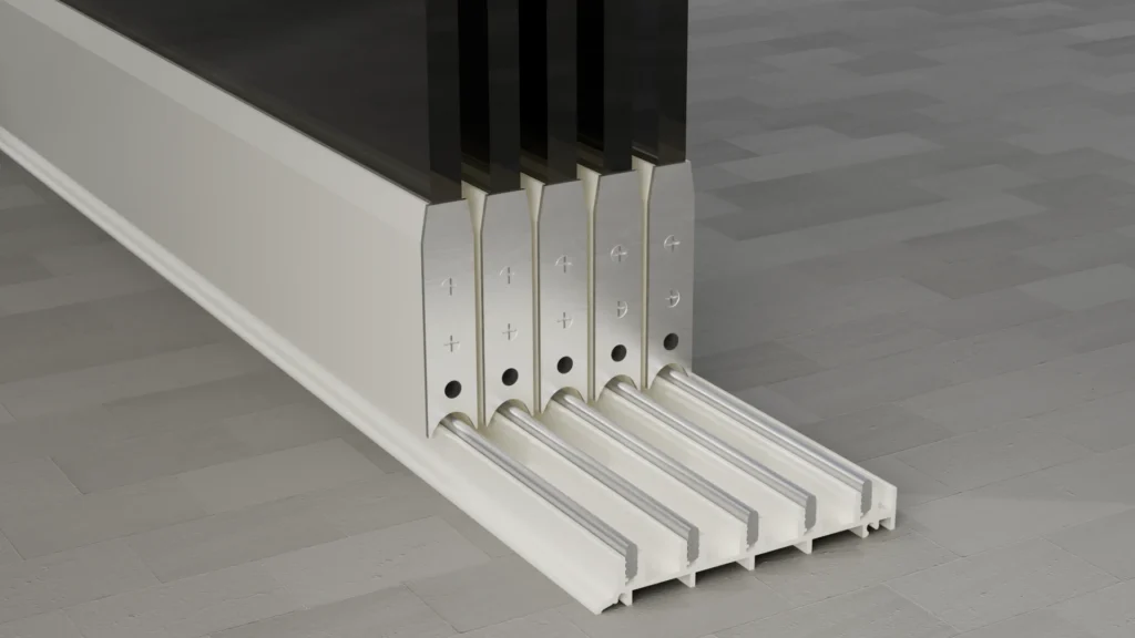 Onderrail van een 5-rail glazen schuifwand, getint glas, crèmewit