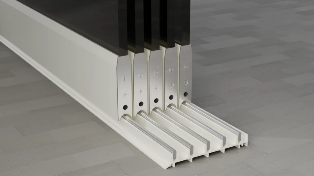 Onderrail van een 5-rail glazen schuifwand, getint glas, zuiver wit