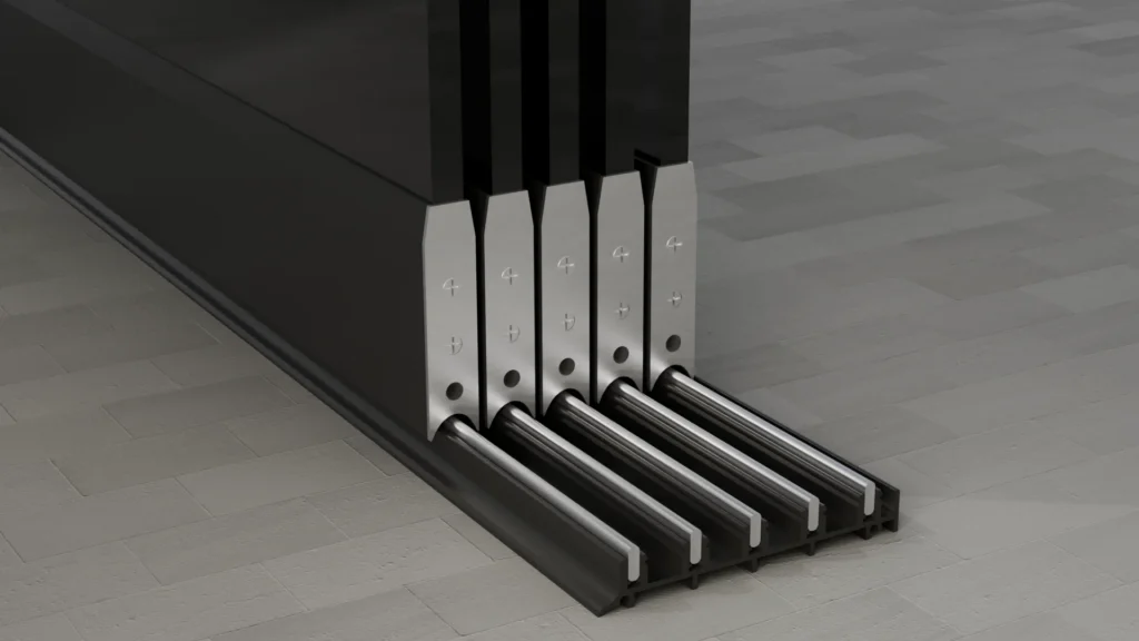 Onderrail van een 5-rail glazen schuifwand, getint glas, gitzwart