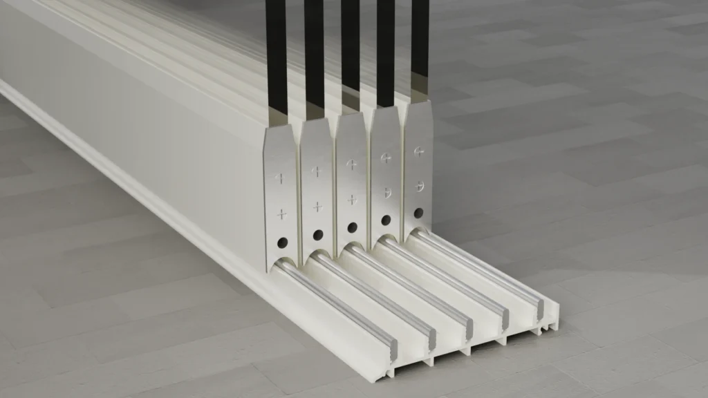 Onderrail van een 5-rail glazen schuifwand, helder glas, zuiver wit