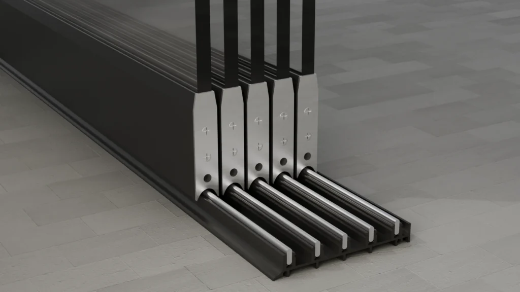 Onderrail van een 5-rail glazen schuifwand, helder glas, gitzwart