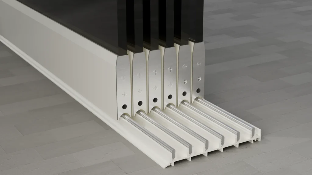 Onderrail van een 6-rail glazen schuifwand, getint glas, crèmewit
