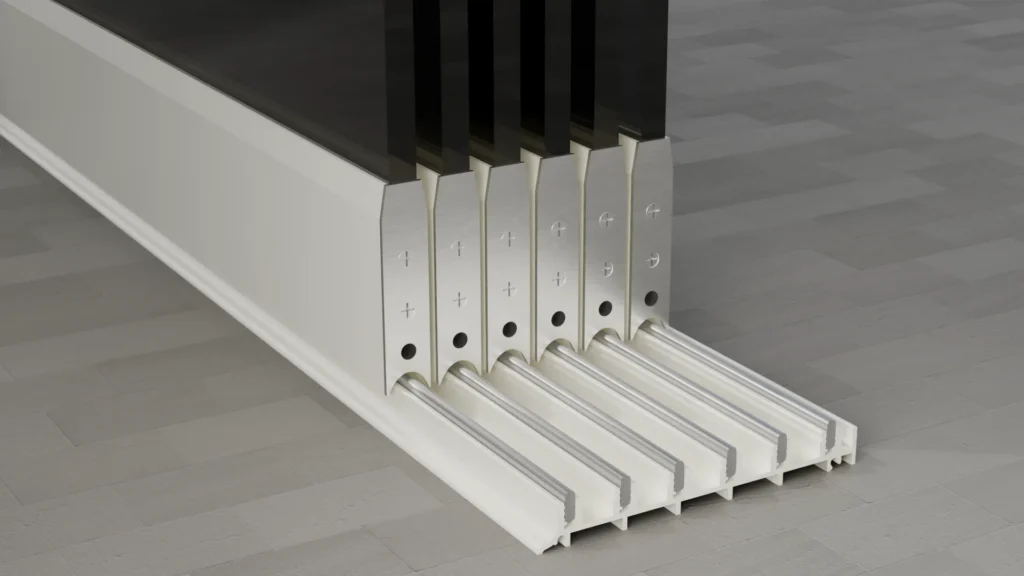 Onderrail van een 6-rail glazen schuifwand, getint glas, zuiver wit