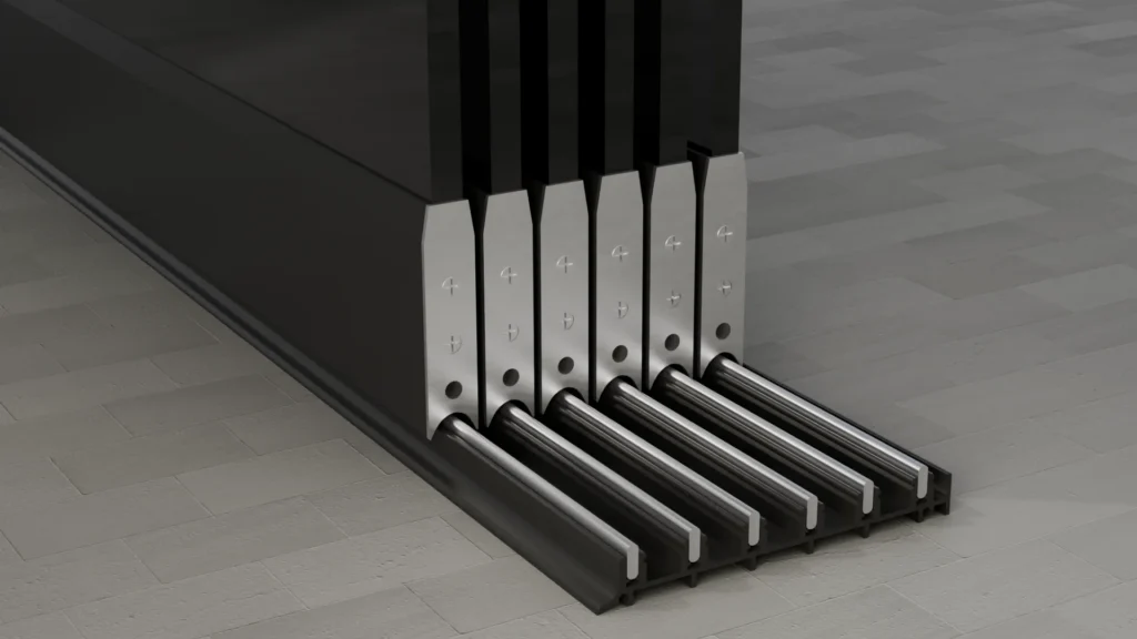Onderrail van een 6-rail glazen schuifwand, getint glas, gitzwart