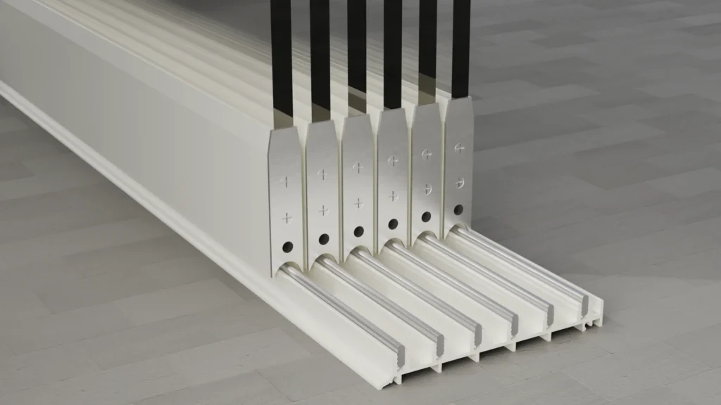 Onderrail van een 6-rail glazen schuifwand, helder glas, zuiver wit