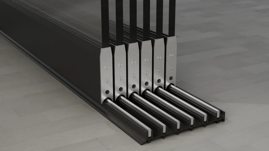 Onderrail van een 6-rail glazen schuifwand, helder glas, gitzwart