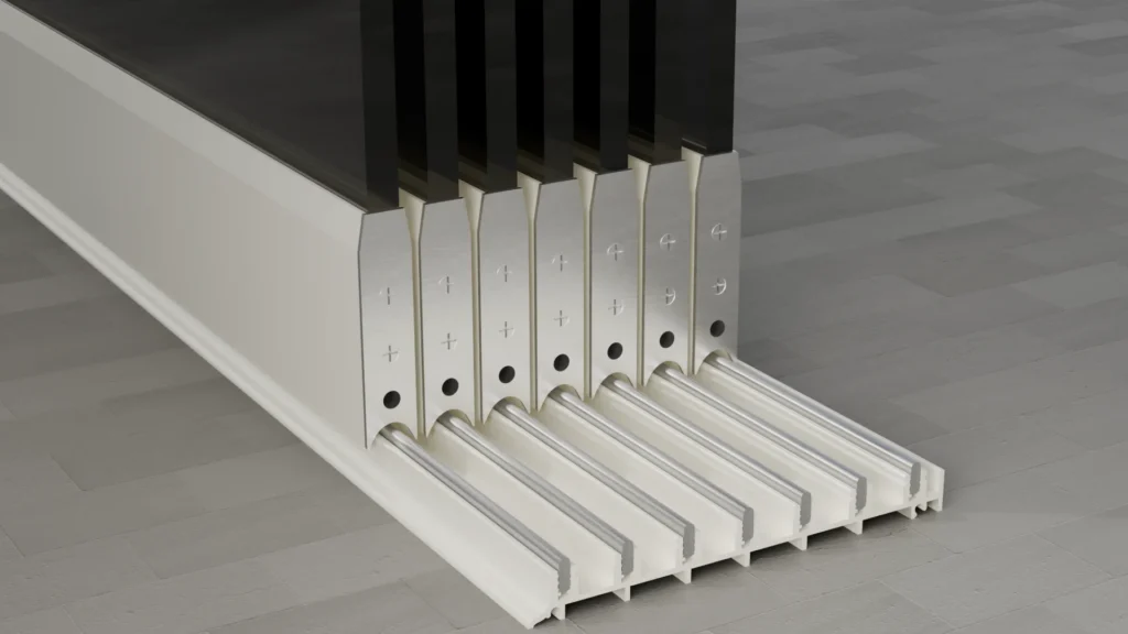 Onderrail van een 7-rail glazen schuifwand, getint glas, crèmewit