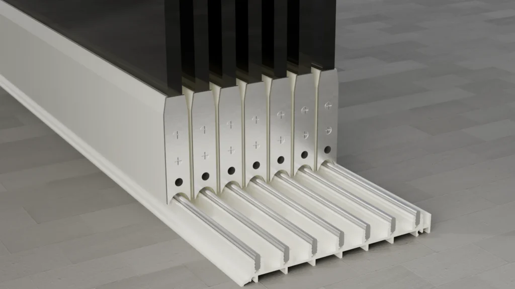 Onderrail van een 7-rail glazen schuifwand, getint glas, zuiver wit